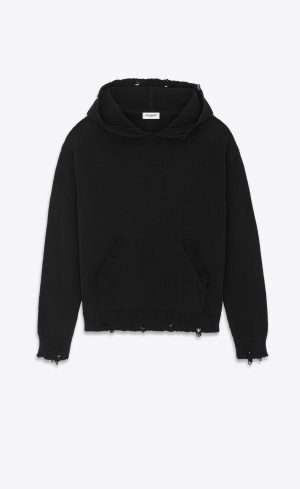 Saint Laurent Outlet Bags 17 YSL Distressed Hoodie In Cotton Noir | 5421793-GW