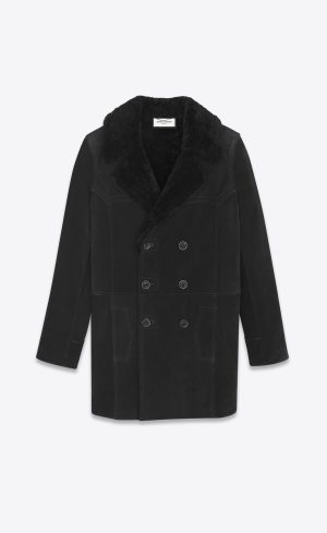Saint Laurent Outlet Bags 15 YSL Double-breasted Coat In Suede And Shearling Black | 4086529-OA