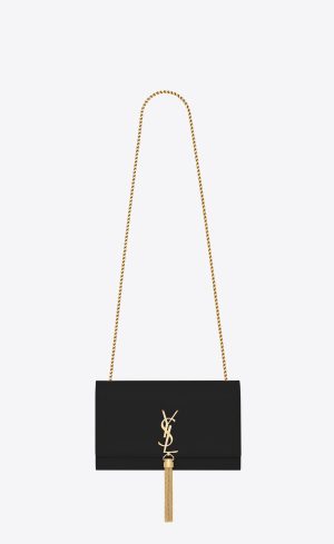 YSL Kate Medium Chain Bag With Tassel In Grain De Poudre Embossed Leather Black | 4926387-XM