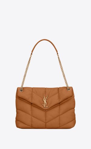 YSL Puffer Medium Chain Bag In Quilted Lambskin Dark Honey | 0479531-CS