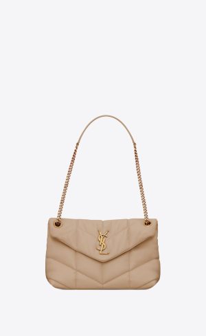 YSL Puffer Small Chain Bag In Quilted Lambskin Dark Beige | 0815329-AP