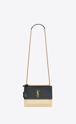 YSL Sunset Medium Chain Bag In Smooth Leather Black And Off White | 7605483-WO