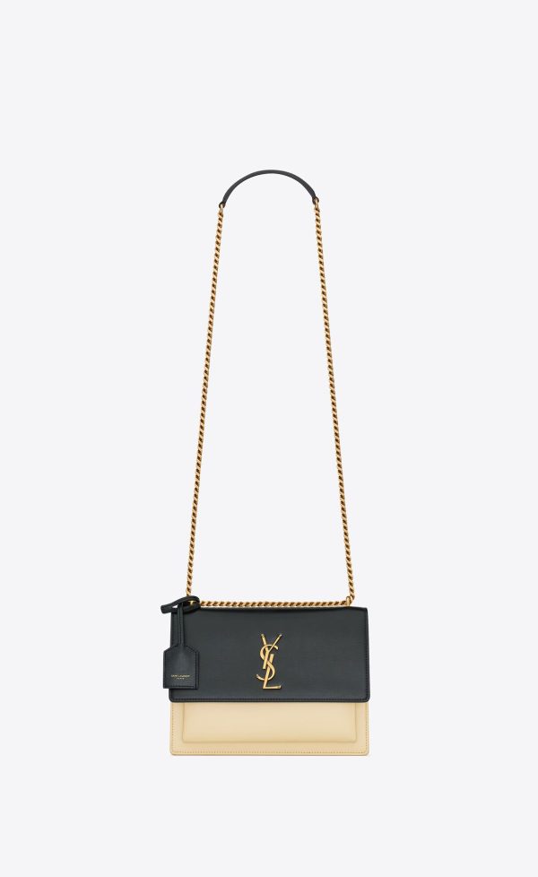 YSL Sunset Medium Chain Bag In Smooth Leather Black And Off White | 7605483-WO 1 YSL Sunset Medium Chain Bag In Smooth Leather Black And Off White | 7605483-WO
